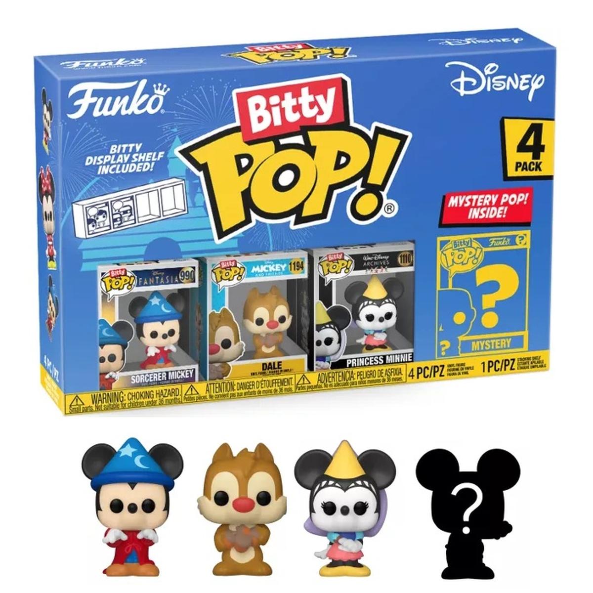Caixa azul de Funko Bitty Pop! Disney com quatro figuras pequenas alinhadas