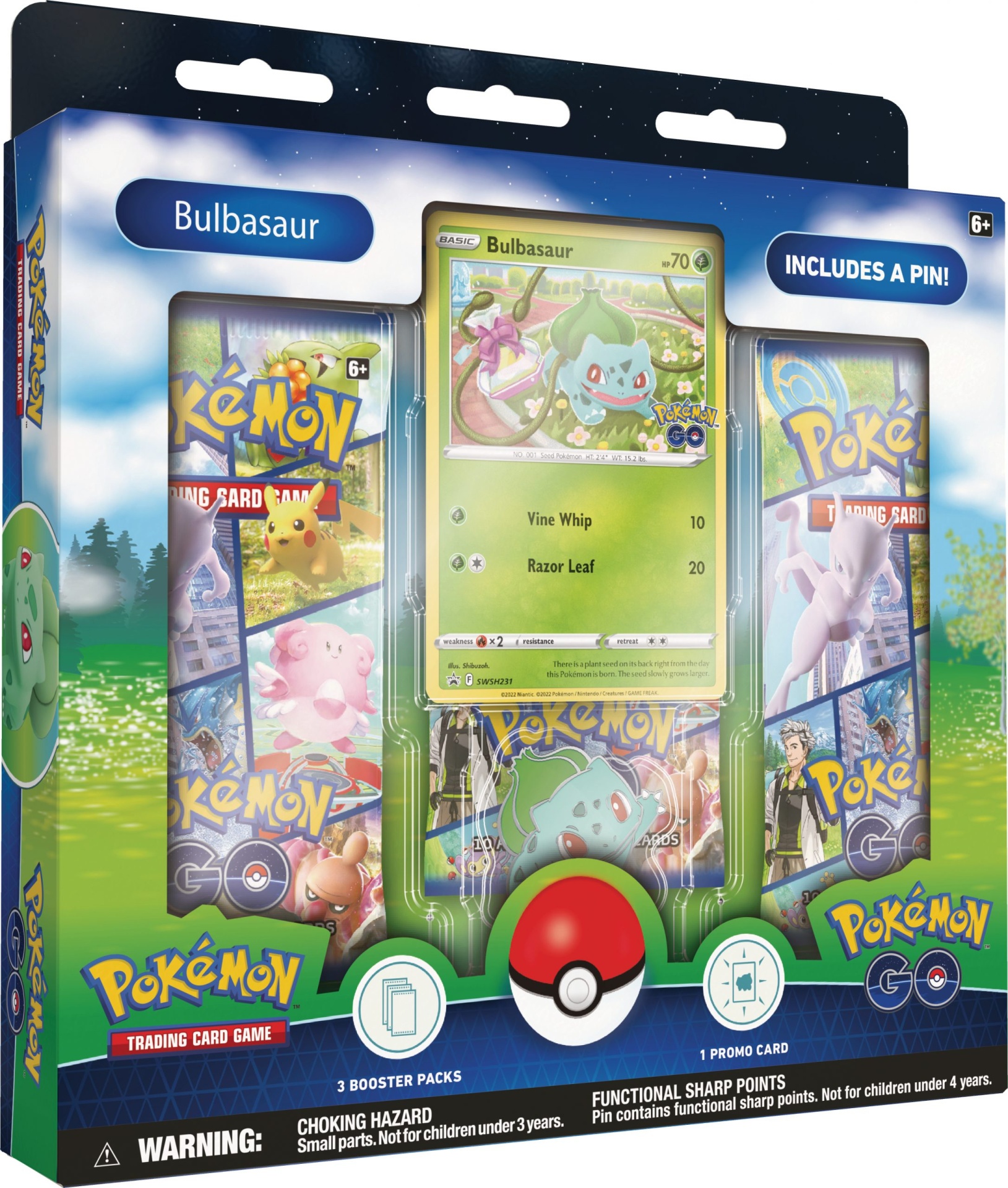 Conjunto Pokémon GO Bulbasaur com 3 pacotes reforço, carta promocional e pin funcional