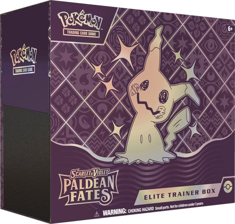 Caixa Pokémon Scarlet & Violet Paldean Fates Elite Trainer Box com personagem Mimikyu
