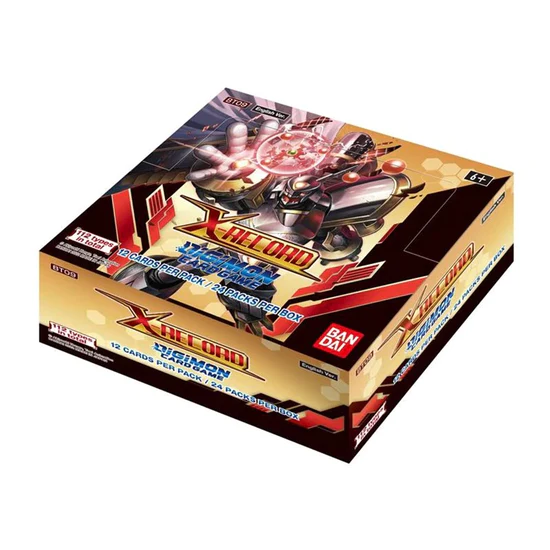 Caixa de cartas Digimon Card Game Booster Pack X-Reload da Bandai em tons dourado, vermelho e preto