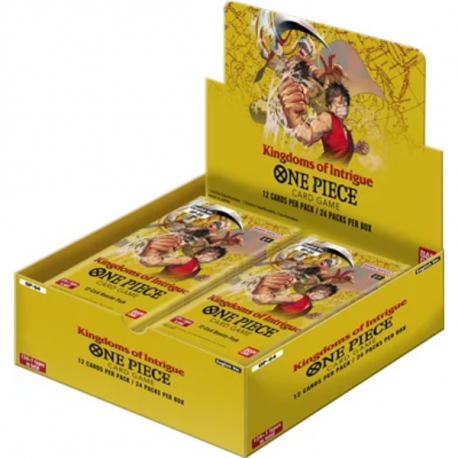 Caixa aberta de cartas de jogo One Piece Kingdoms of Intrigue amarelas com personagens desenhados