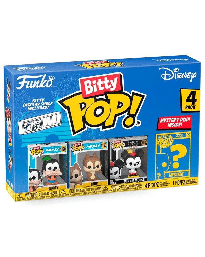 Caixa azul Funko Bitty Pop! Disney com 4 figuras, incluindo Mickey, Goofy, Chip, Minnie Mouse e figura misteriosa