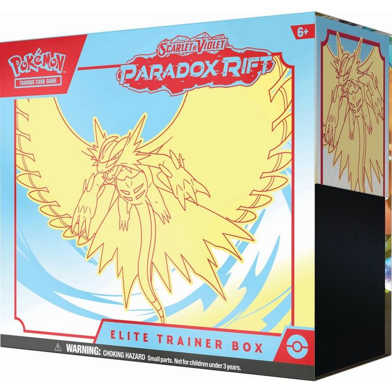 Caixa Pokémon Paradox Rift Elite Trainer Box com ilustração de personagem amarelo
