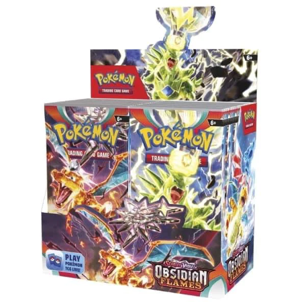 Embalagem de cartas Pokémon Trading Card Game coleção Obsidian Flames com arte colorida de Pokémon e texto promocional.
