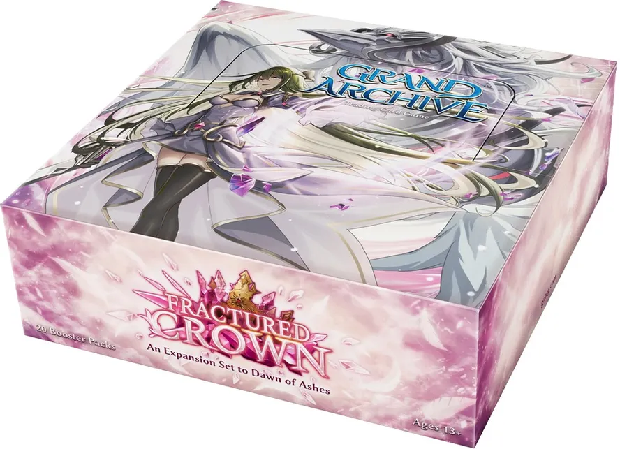 Caixa de jogo de cartas com ilustração de personagem feminina e texto Grand Archive e Fractured Crown