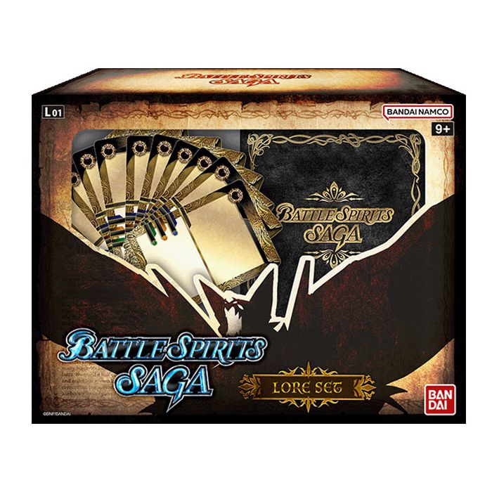 Caixa do jogo Battle Spirits SAGA LORE SET com cartas douradas e fundo castanho e preto