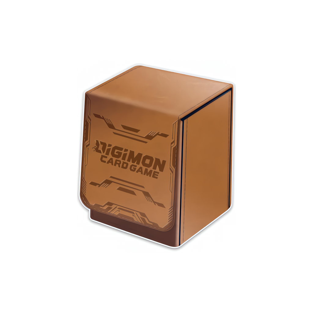 Estojo castanho para cartas Digimon com texto e design geométrico.