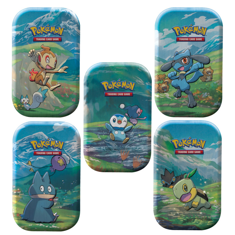 Cinco latas coloridas Pokémon com personagens animais e texto POKÉMON TRADING CARD GAME