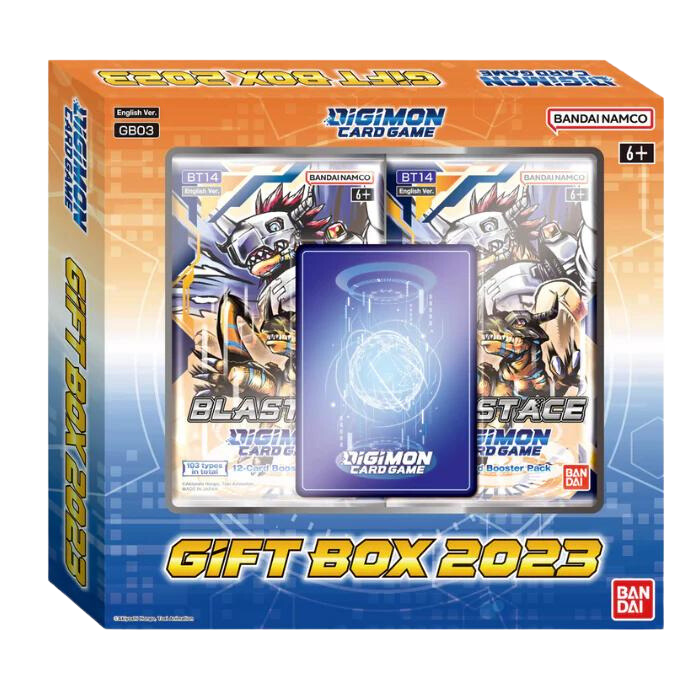 Caixa Digimon Card Game Gift Box 2023 com duas caixas booster e cartão com esfera de energia