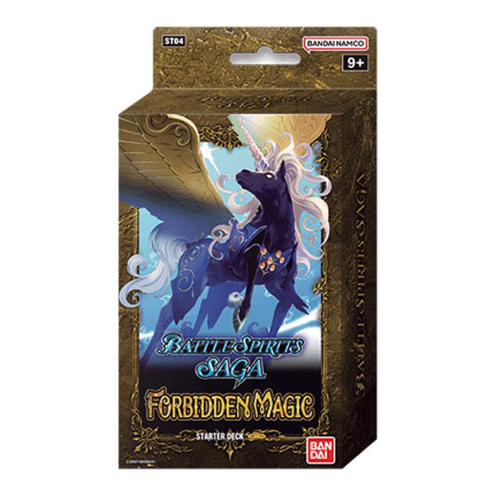 Embalagem do Battle Spirits Saga Forbidden Magic Starter Deck com cavalo alado preto e texto dourado