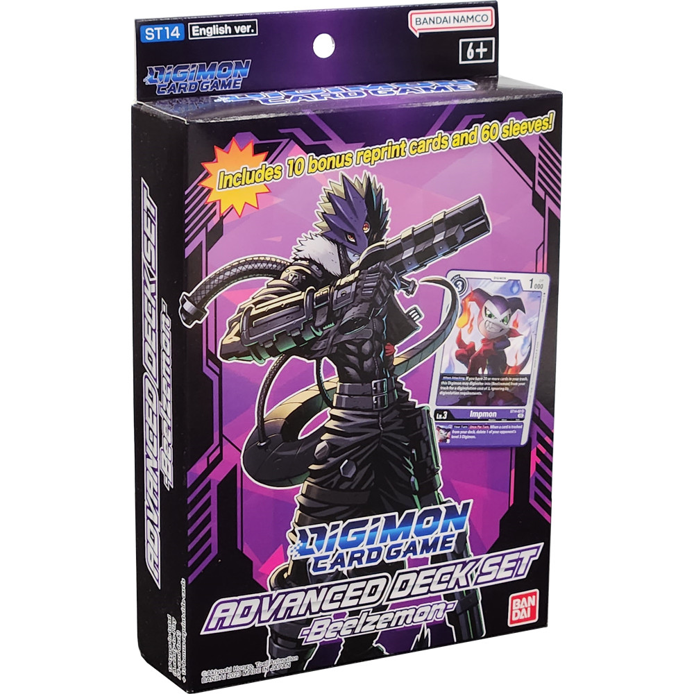 Caixa do Digimon Card Game Advanced Deck Set Beelzemon com imagem do personagem e texto promocional