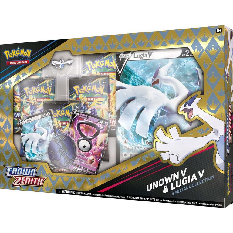 Caixa de coleção Pokémon com cartas, incluindo Lugia V e design dourado e preto
