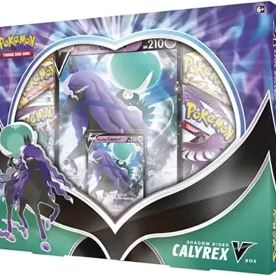 Caixa Pokémon Shadow Rider Calyrex V com cartas e arte do Pokémon Calyrex