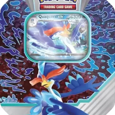 Caixa metálica do jogo Pokémon com cartas Quaquaval ex em fundo colorido