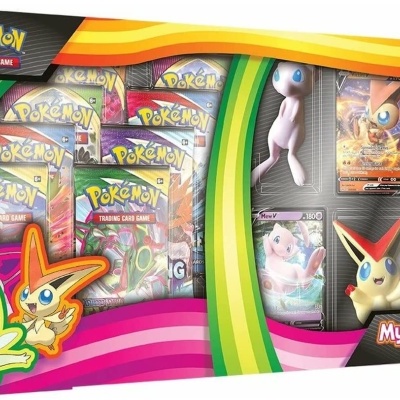 Caixa Pokémon Mythical Squishy Premium Collection com cartas e figuras de borracha