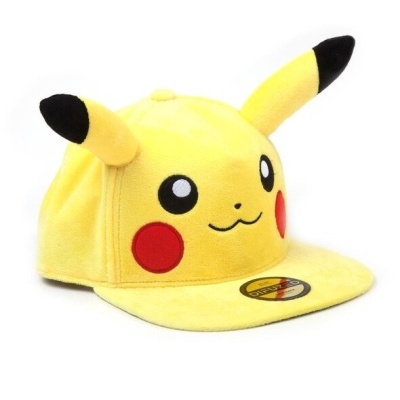 Chapéu amarelo de veludo com rosto e orelhas de Pikachu