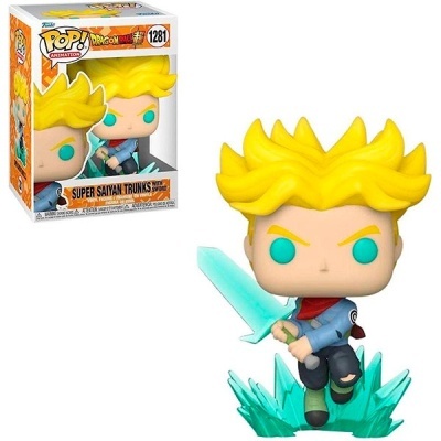 Funko Pop! Super Saiyan Trunks da Dragon Ball Super com espada e base verde.