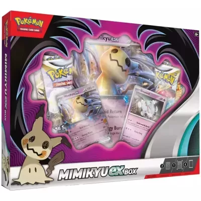 Caixa de coleção Pokémon Mimikyu EX com cartas e figura em embalagem roxa e preta