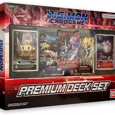 Caixa vermelha e preta do Digimon Card Game com quatro cartas visíveis