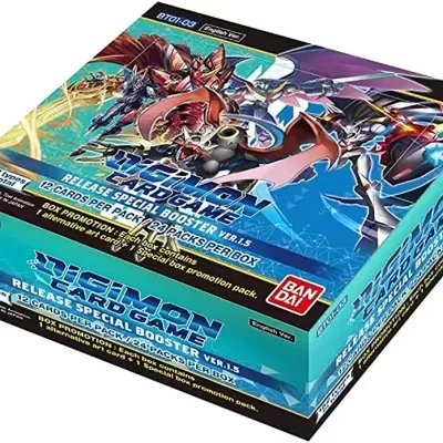 Caixa azul e roxa do Digimon Card Game com ilustrações de Digimons e logotipos