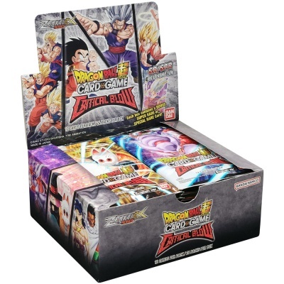 Caixa de cartas Dragon Ball Super Card Game Critical Blow com embalagens coloridas e personagens da série