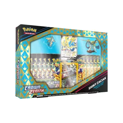 Pacote Pokémon Crown Zenith com cartas e pins Shiny Zacian