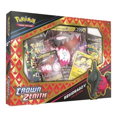 Caixa de coleção Pokémon Regidrago V com cartas e figura em embalagem vermelha, preta e dourada