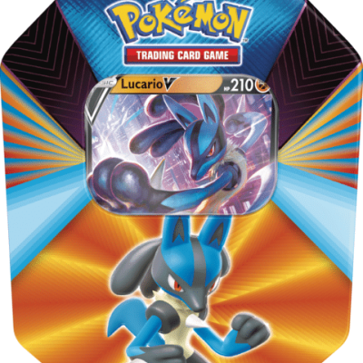 Embalagem metálica do jogo de cartas Pokémon com Lucario V em destaque