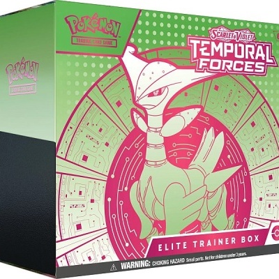 Caixa verde e rosa de 'Pokémon TCG Scarlet & Violet Temporal Forces Elite Trainer Box' com imagem do Arceus.