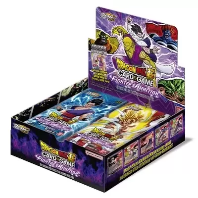Caixa de cartas colecionáveis Dragon Ball Super com personagens e texto promocional