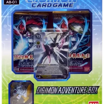 Caixa de jogo Digimon Card Game com cartas, figura e texto em azul, verde e branco