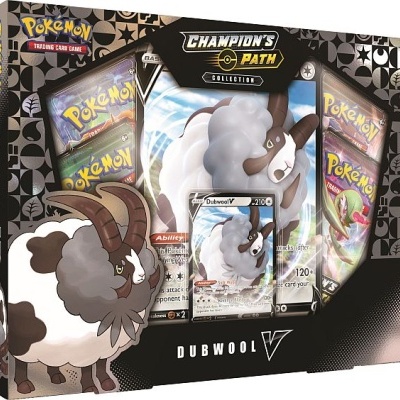 Embalagem da coleção Champion's Path do Pokémon Trading Card Game com o Pokémon Dubwool V e cartas visíveis