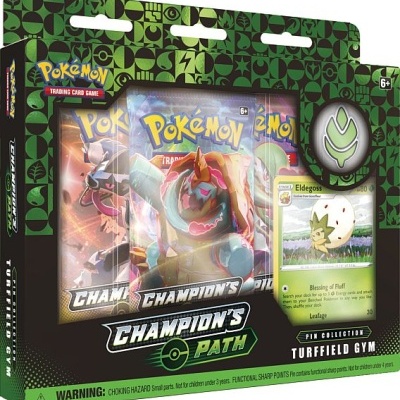 Caixa do jogo de cartas Pokémon Champion's Path Turffield Gym com três cartas visíveis