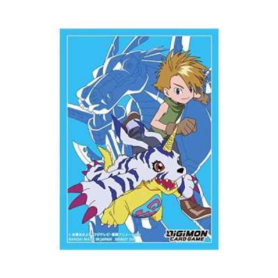 Cartão do jogo Digimon com personagem humano e criatura em fundo azul