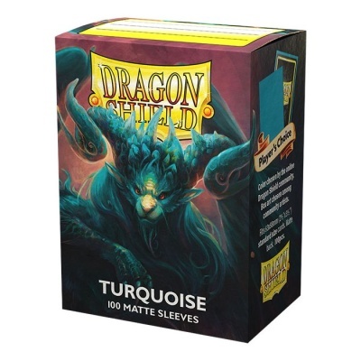 Caixa de Dragon Shield Turquoise com arte de criatura azul e texto visível