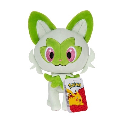 Pelúcia Sprigatito Pokémon verde e branco com etiqueta