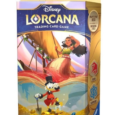 Pack de jogo de cartas Disney Lorcana com personagens coloridos e texto 'INTO THE INKLANDS'.