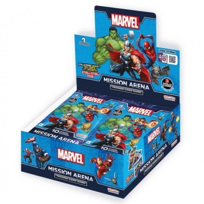 Embalagem azul de cartão do jogo de cartas Marvel Mission Arena com personagens ilustrados.