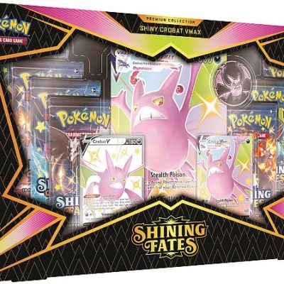 Caixa do conjunto de cartas Pokémon Shining Fates com figuras cor-de-rosa e preta