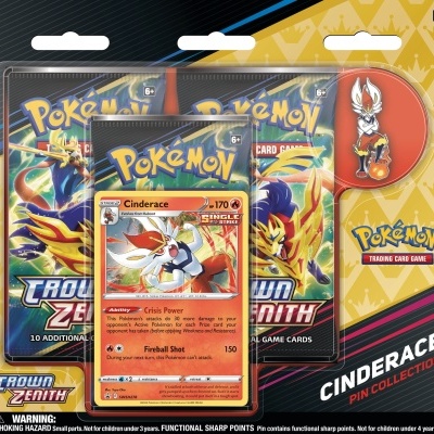 Conjunto Pokémon Cinderace Pin Collection com cartas e pin em embalagem de plástico