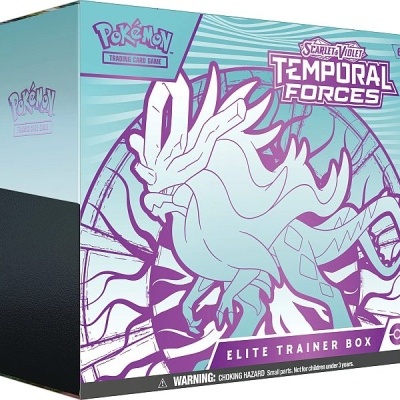 Caixa Pokémon Temporal Forces Elite Trainer Box com ilustração de criatura e gráficos em azul e roxo