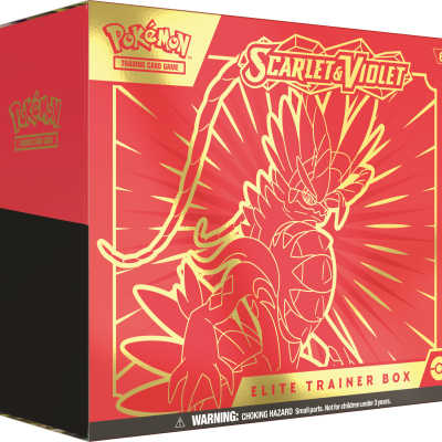 Caixa Pokémon Scarlet & Violet Elite Trainer Box vermelha com ilustração dourada de Pokémon