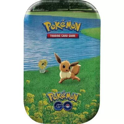 Estojo metálico do Pokémon Trading Card Game com personagens Eevee e Meltan