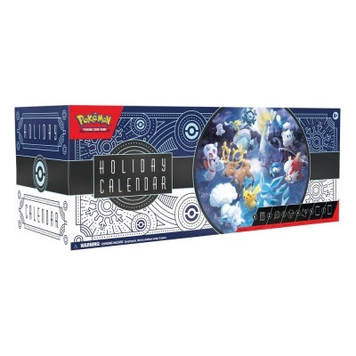 Caixa azul e branca de calendário Pokémon Holiday Calendar com vários personagens Pokémon.