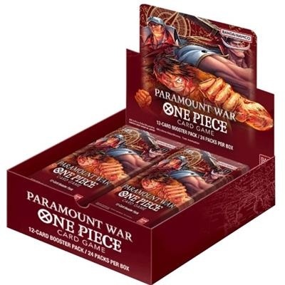 Display de cartão de jogo 'Paramount War ONE PIECE' com personagens de anime em cores vermelhas e brancas