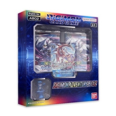 Caixa do jogo de cartas Digimon Adventure Box 2 da Bandai Namco com cartão em destaque