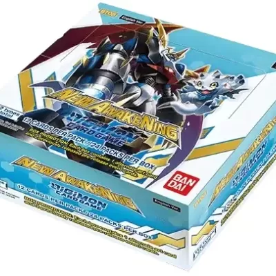 Caixa de cartas colecionáveis New Awakening Pokémon TCG com design azul e branco e ilustrações de Pokémon.