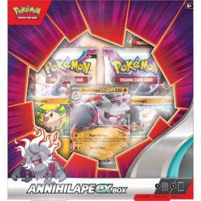 Caixa Pokémon Annihilape EX com cartas visíveis e cores branco, vermelho, púrpura e cinza