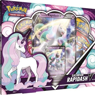 Caixa Pokémon Galarian Rapidash V Box com cartas e arte do Pokémon