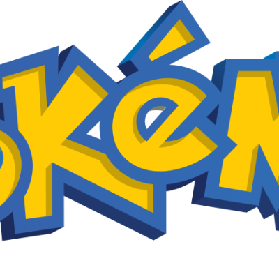 Logótipo colorido da Pokémon com letras amarelas e contorno azul